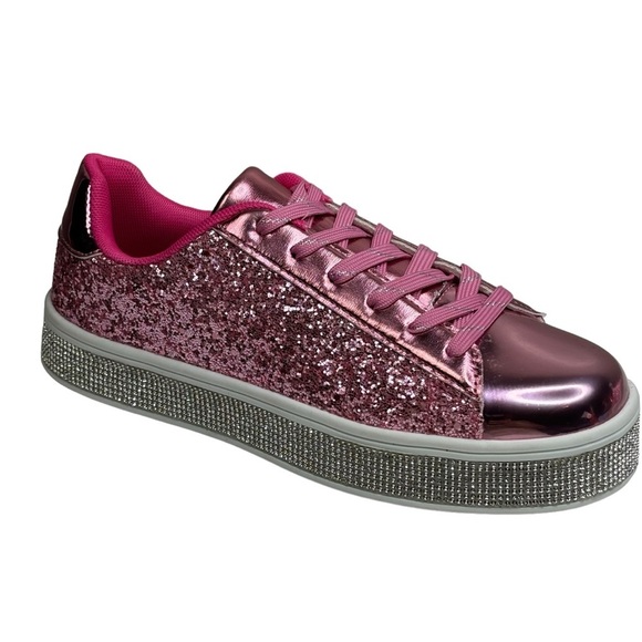 New Pink Glitter White w Rhinestone 2” Platform Festival Party Sneakers Size 7.5 - Picture 11 of 16